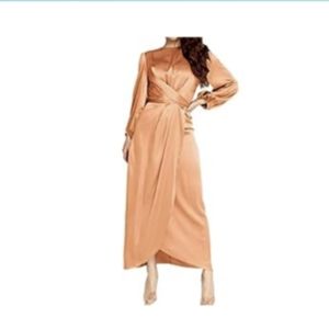 PINUPART Women's Elegant Empire Waist Long Sleeve Satin Maxi Dress